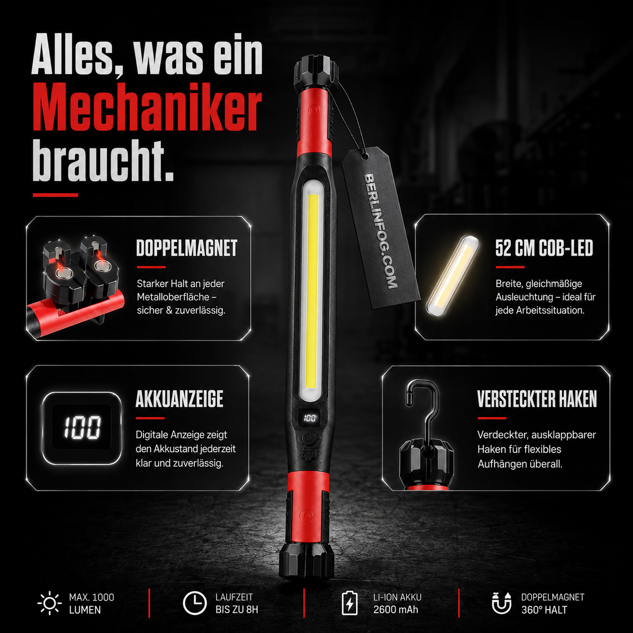 🌞Frühlingserwachen💡Wiederaufladbare Werkstattleuchte – 3000 LM, IPX4 Wassergeschützt & 360° Haken!