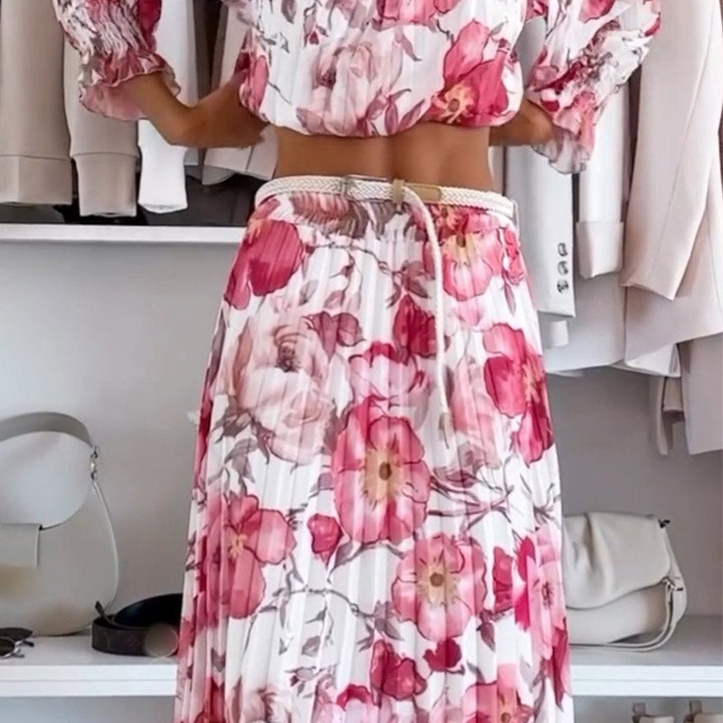 🌷57% RABATT❤️🔥Zweiteiliges Set mit Blumenmuster: Off-Shoulder-Bluse & Maxirock
