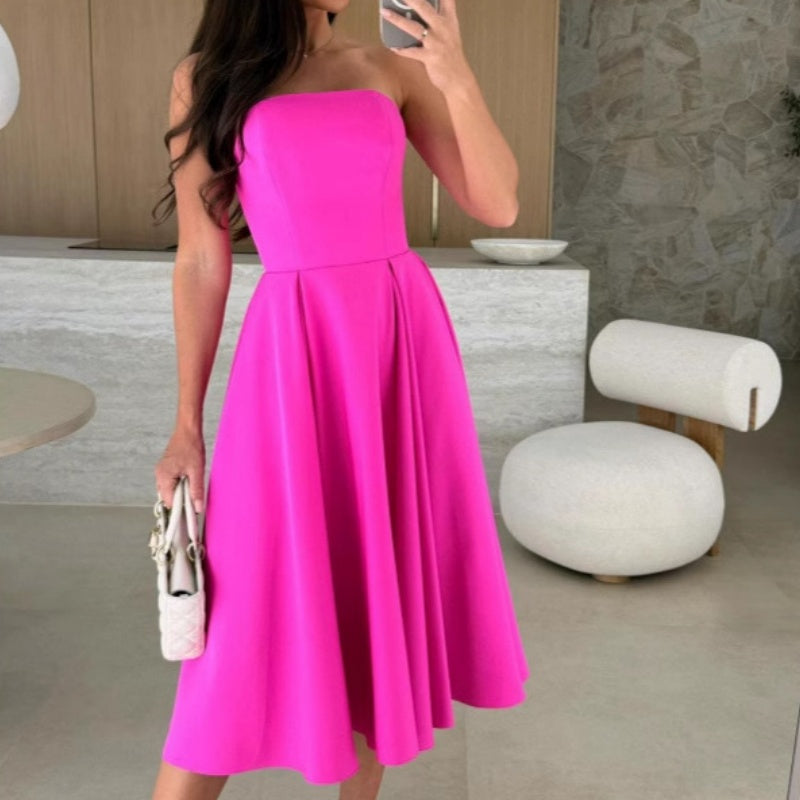 🔥Elegantes, einfarbiges, trägerloses Midikleid🔥Zwei Stück kostenloser Versand
