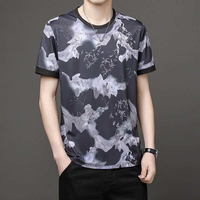 Herren Casual Bamboo Ink Style Atmungsaktives T-Shirt mit Rundhalsausschnitt