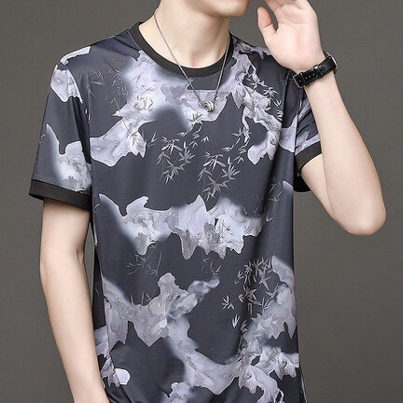 Herren Casual Bamboo Ink Style Atmungsaktives T-Shirt mit Rundhalsausschnitt