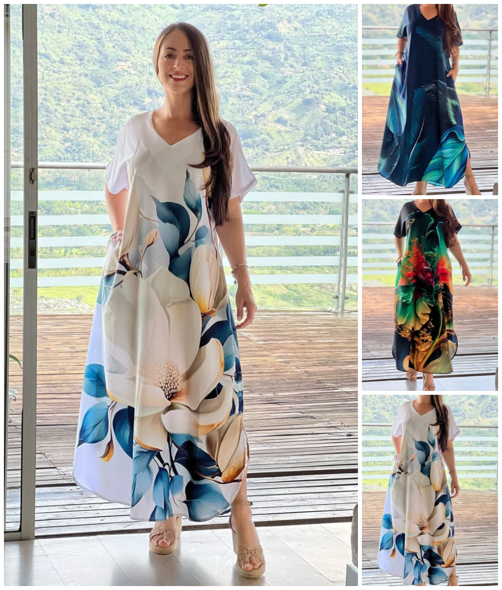 ⏳Begrenzte Zeit 50% Rabatt💥👗 Lockere, lässige Damenkleider mit V-Ausschnitt und bedruckten Kurzarm