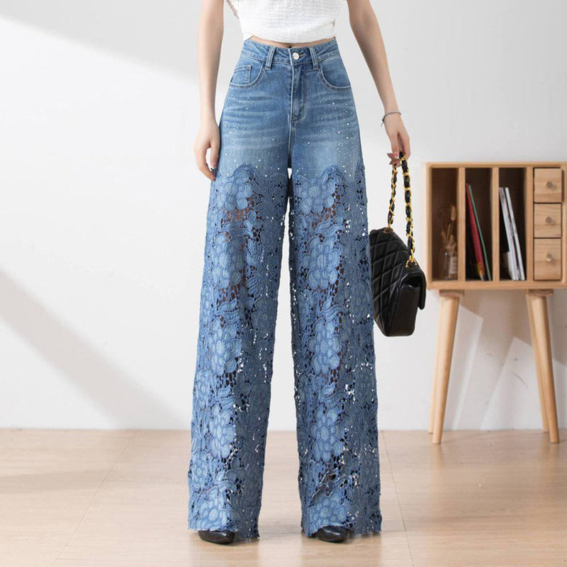 đž 50% Rabatt auf neue Produkte đDamen blaue hochtaillierte Jeans mit weitem Bein, Lochmuster und SpitzeneinsĂ€tzen