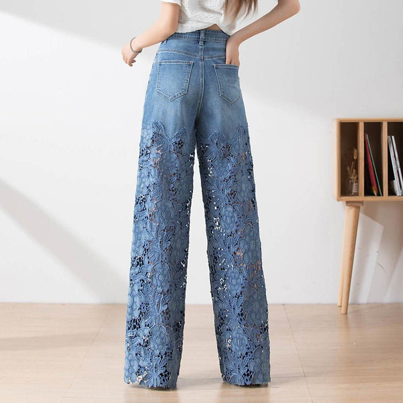 đž 50% Rabatt auf neue Produkte đDamen blaue hochtaillierte Jeans mit weitem Bein, Lochmuster und SpitzeneinsĂ€tzen
