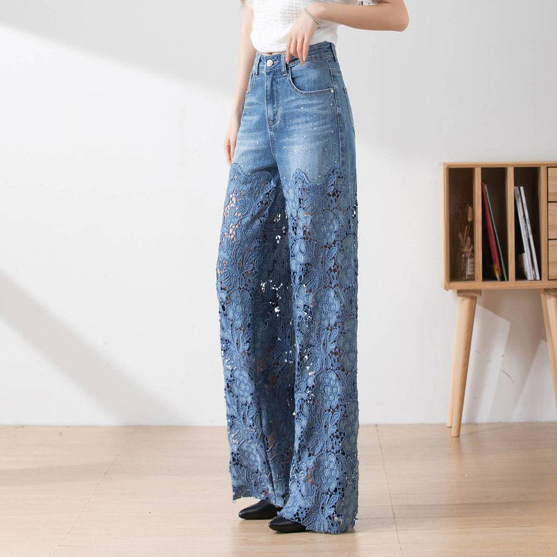 đž 50% Rabatt auf neue Produkte đDamen blaue hochtaillierte Jeans mit weitem Bein, Lochmuster und SpitzeneinsĂ€tzen