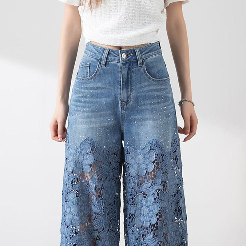 đž 50% Rabatt auf neue Produkte đDamen blaue hochtaillierte Jeans mit weitem Bein, Lochmuster und SpitzeneinsĂ€tzen