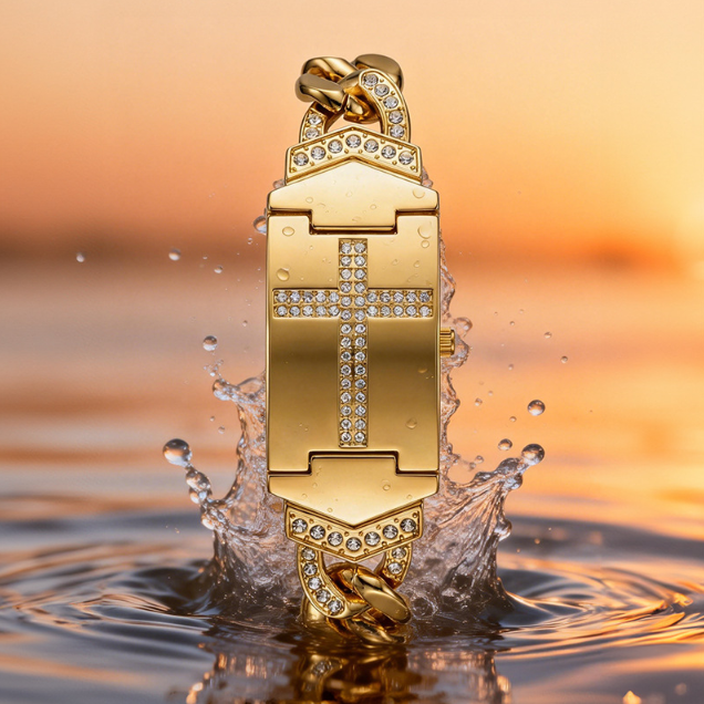 🎁2026 Neuheiten💥Funkelnde Kristall-Kreuz-Uhr – geometrisches rechteckiges Zifferblatt, hochwertiges Metallarmband💎