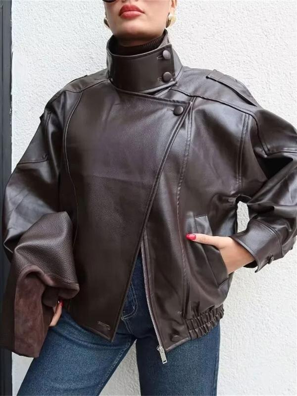 🔥Solange der Vorrat reicht 50 % Rabatt!🎉Schwarze Kunstlederjacke mit Stehkragen, übergroße Motorradjacke