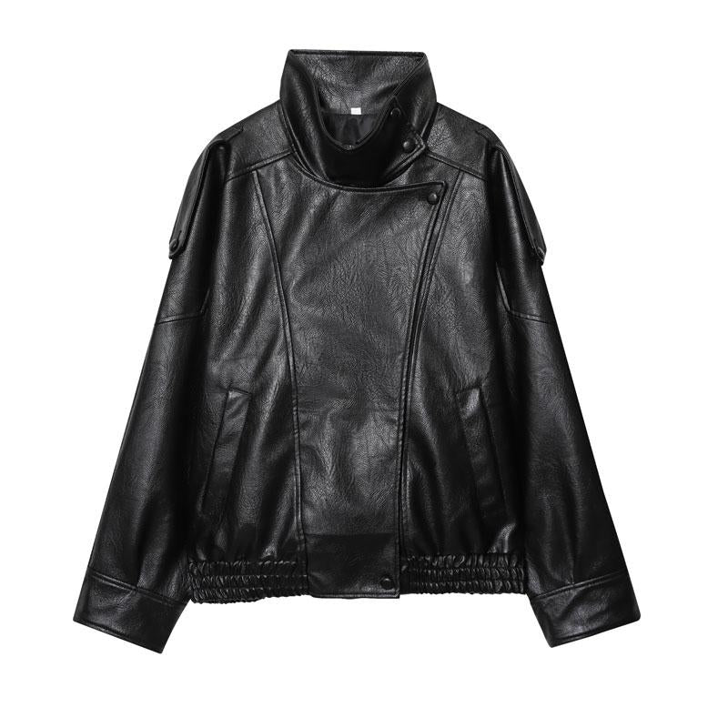 🔥Solange der Vorrat reicht 50 % Rabatt!🎉Schwarze Kunstlederjacke mit Stehkragen, übergroße Motorradjacke