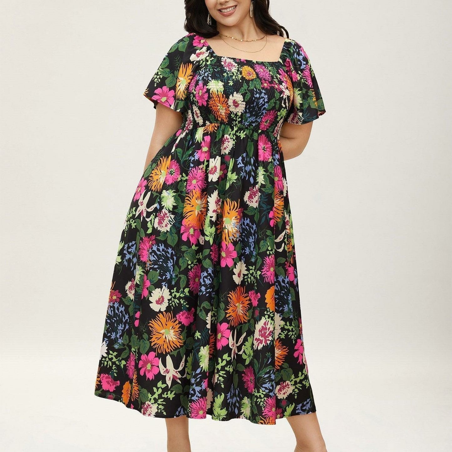 ⏰Sommer Heißer Verkauf 💃Geblümtes Smock-Kleid mit eckigem Ausschnitt und Taschen