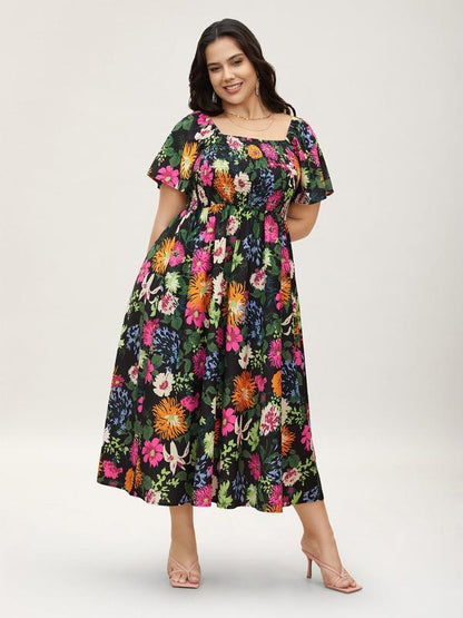 ⏰Sommer Heißer Verkauf 💃Geblümtes Smock-Kleid mit eckigem Ausschnitt und Taschen