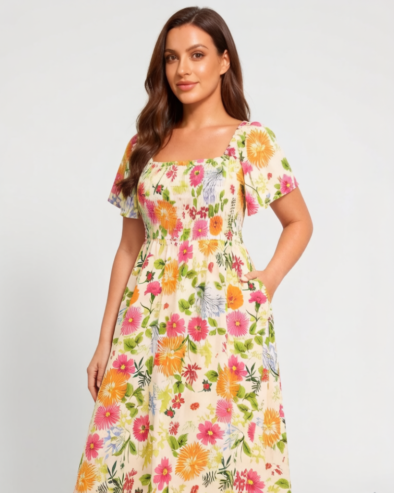 ⏰Sommer Heißer Verkauf 💃Geblümtes Smock-Kleid mit eckigem Ausschnitt und Taschen