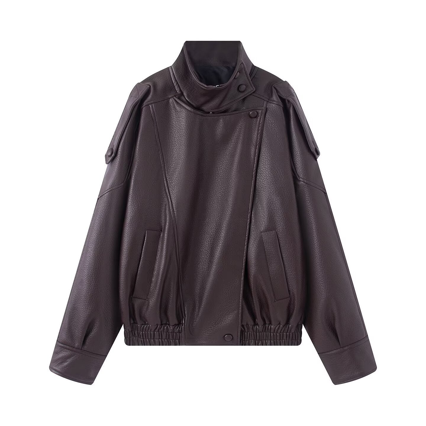 🔥Solange der Vorrat reicht 50 % Rabatt!🎉Schwarze Kunstlederjacke mit Stehkragen, übergroße Motorradjacke