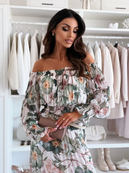 🌷57% RABATT❤️‍🔥Zweiteiliges Set mit Blumenmuster: Off-Shoulder-Bluse & Maxirock