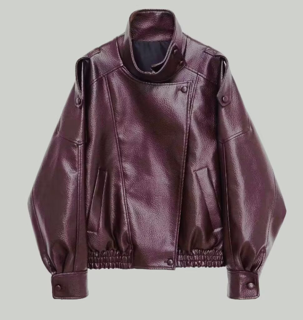 🔥Solange der Vorrat reicht 50 % Rabatt!🎉Schwarze Kunstlederjacke mit Stehkragen, übergroße Motorradjacke