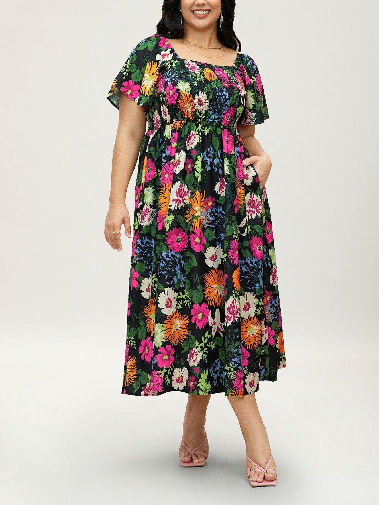 ⏰Sommer Heißer Verkauf 💃Geblümtes Smock-Kleid mit eckigem Ausschnitt und Taschen