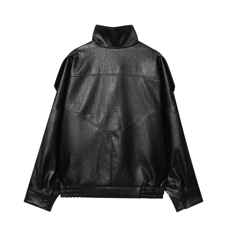 🔥Solange der Vorrat reicht 50 % Rabatt!🎉Schwarze Kunstlederjacke mit Stehkragen, übergroße Motorradjacke