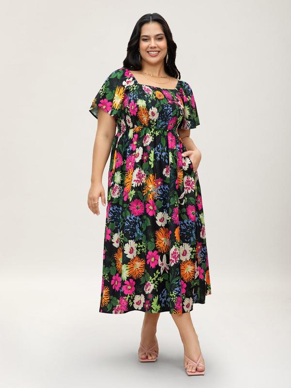 ⏰Sommer Heißer Verkauf 💃Geblümtes Smock-Kleid mit eckigem Ausschnitt und Taschen