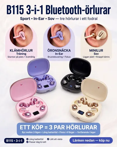 🎧 B115 3-i-1 Bluetooth-örlurar – Sport, In-Ear & Sovhörlurar med Brusreducering & Lång Batteritid (6 Öronklämmor) ✨