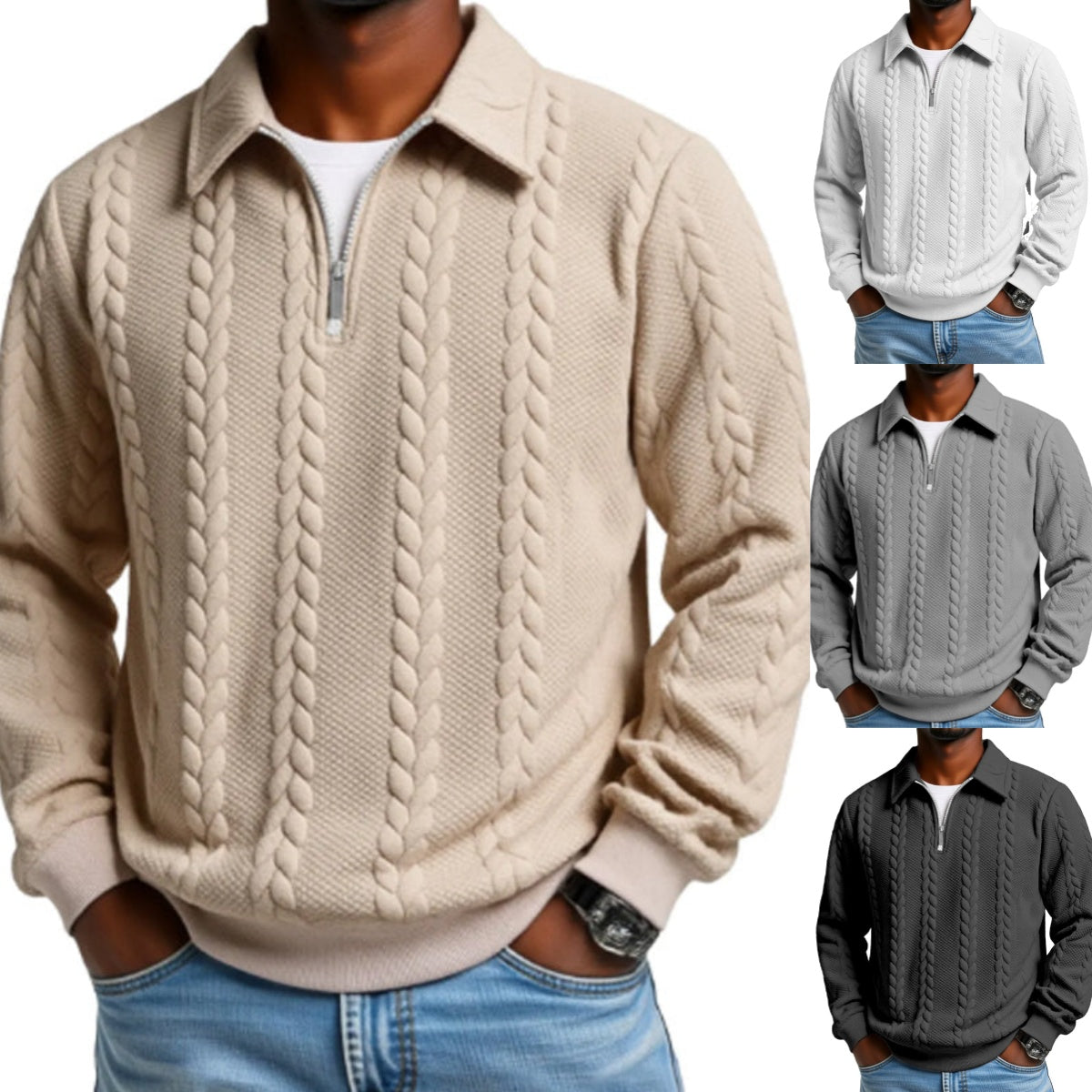 👔🧶 Lässiger Herrenpullover mit Halbreißverschluss – Zopfmuster für Wärme & Stil! Perfekt für Arbeit ✨ und Freizeit 🌿 aus nachhaltiger Baumwolle.