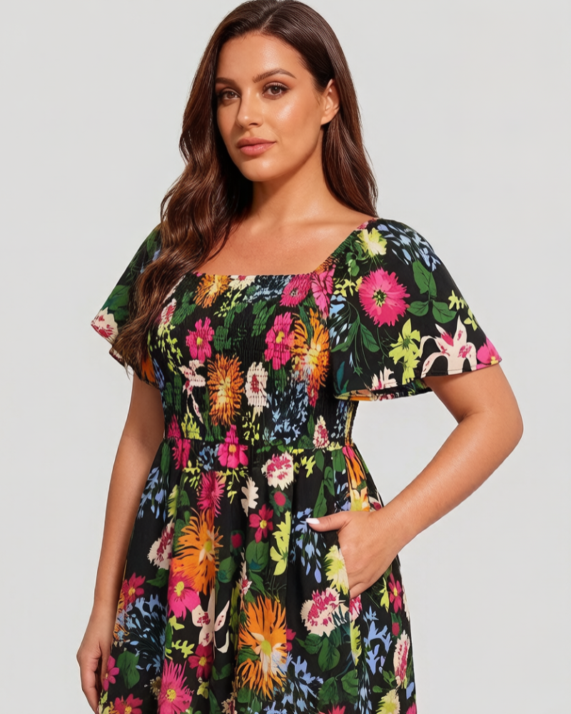 ⏰Sommer Heißer Verkauf 💃Geblümtes Smock-Kleid mit eckigem Ausschnitt und Taschen