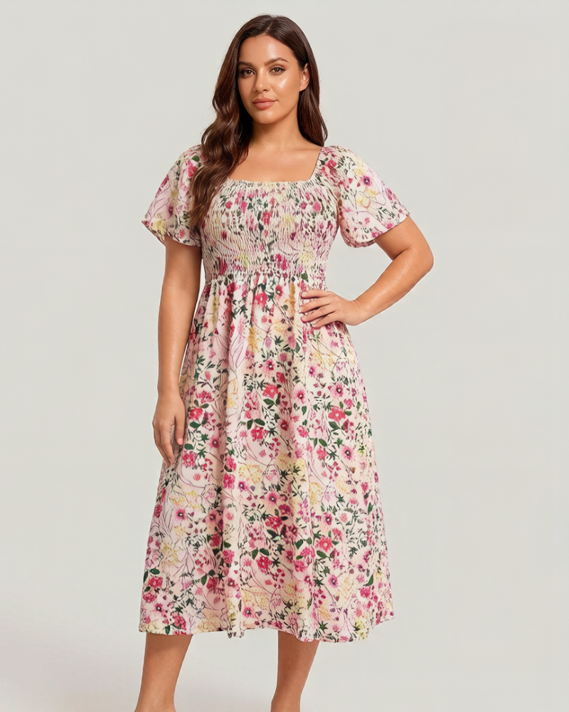 ⏰Sommer Heißer Verkauf 💃Geblümtes Smock-Kleid mit eckigem Ausschnitt und Taschen