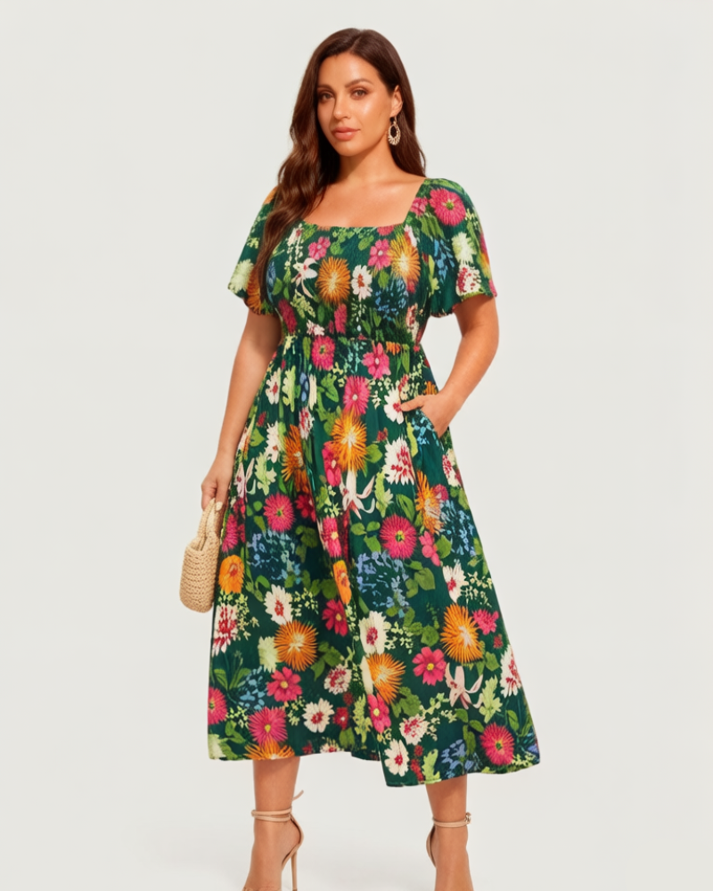⏰Sommer Heißer Verkauf 💃Geblümtes Smock-Kleid mit eckigem Ausschnitt und Taschen