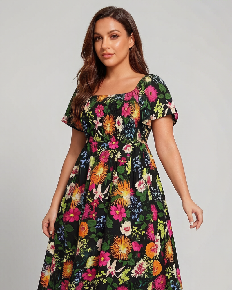 ⏰Sommer Heißer Verkauf 💃Geblümtes Smock-Kleid mit eckigem Ausschnitt und Taschen