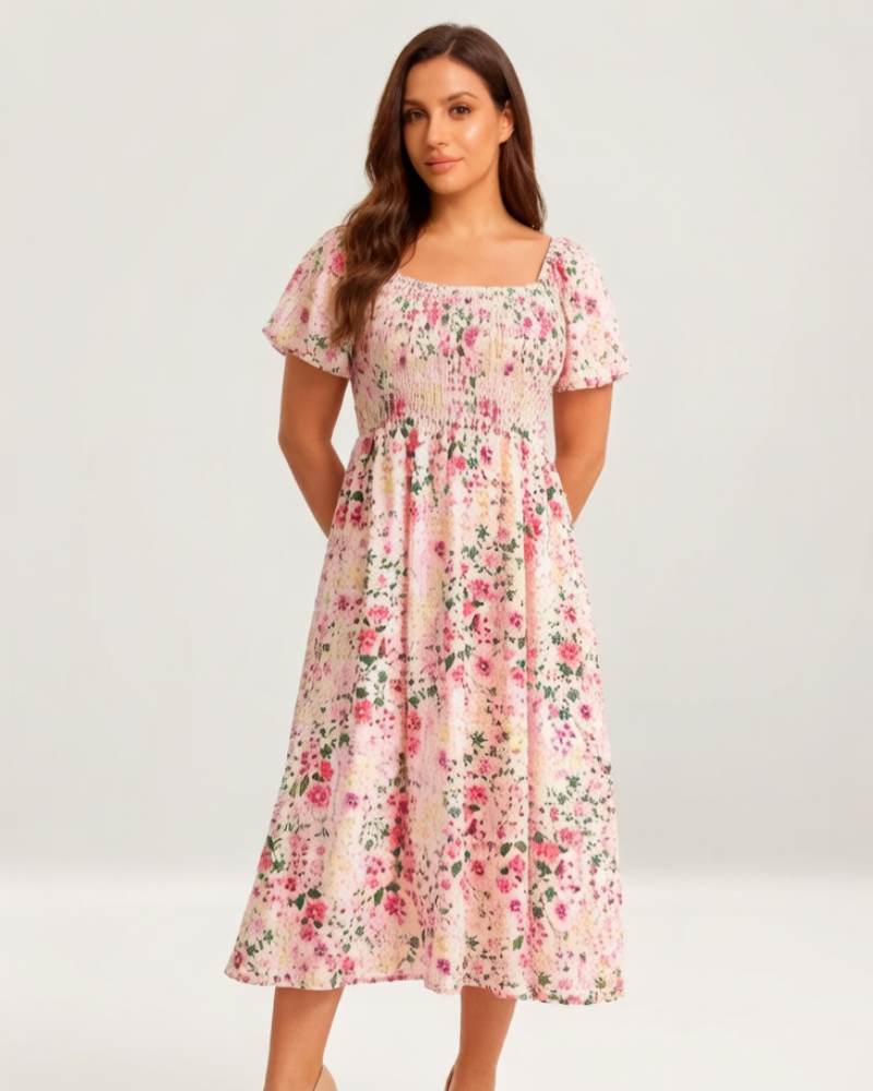 ⏰Sommer Heißer Verkauf 💃Geblümtes Smock-Kleid mit eckigem Ausschnitt und Taschen