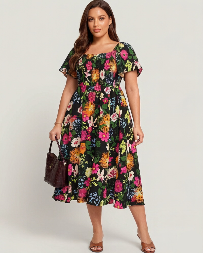 ⏰Sommer Heißer Verkauf 💃Geblümtes Smock-Kleid mit eckigem Ausschnitt und Taschen