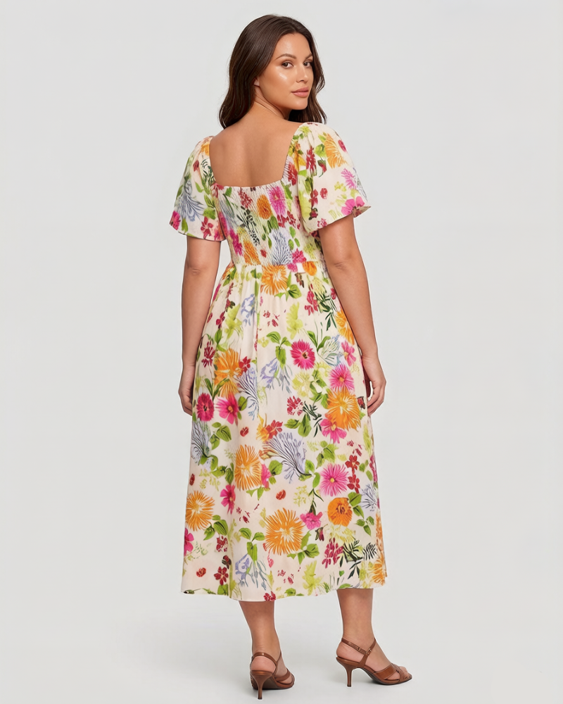 ⏰Sommer Heißer Verkauf 💃Geblümtes Smock-Kleid mit eckigem Ausschnitt und Taschen