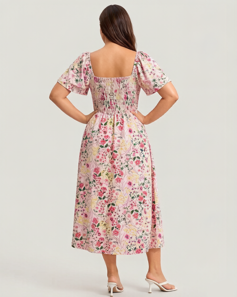 ⏰Sommer Heißer Verkauf 💃Geblümtes Smock-Kleid mit eckigem Ausschnitt und Taschen