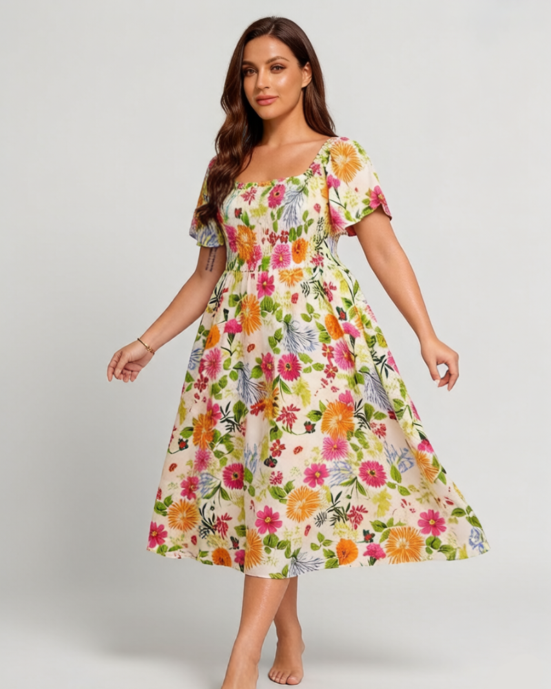 ⏰Sommer Heißer Verkauf 💃Geblümtes Smock-Kleid mit eckigem Ausschnitt und Taschen