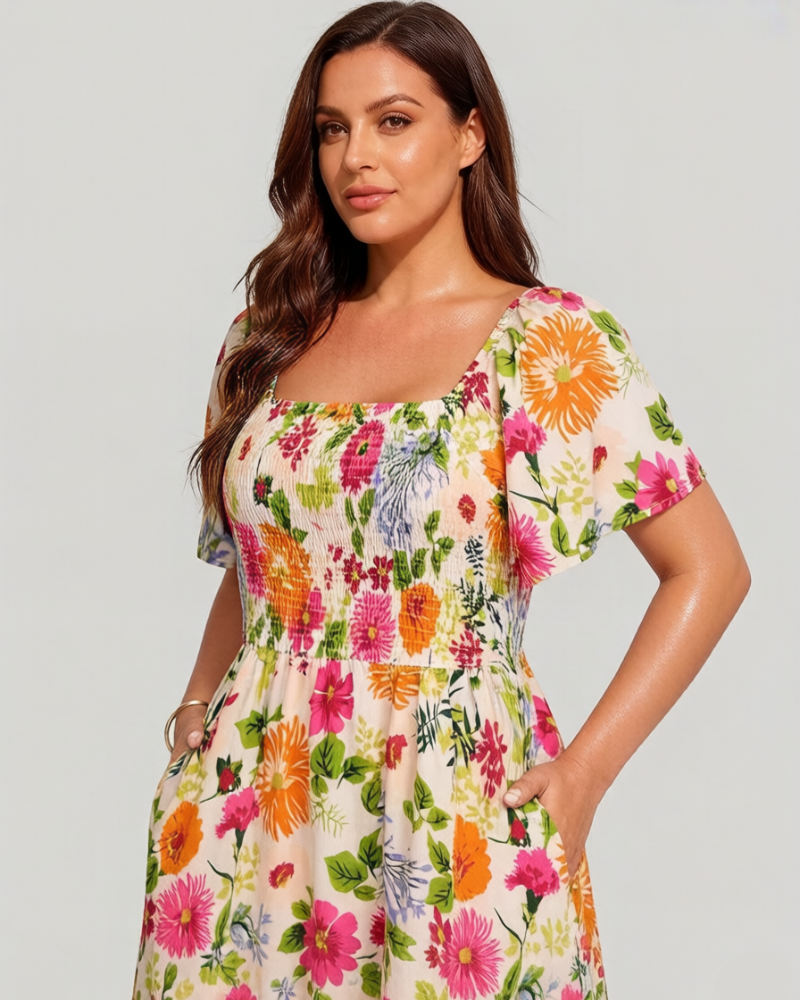 ⏰Sommer Heißer Verkauf 💃Geblümtes Smock-Kleid mit eckigem Ausschnitt und Taschen
