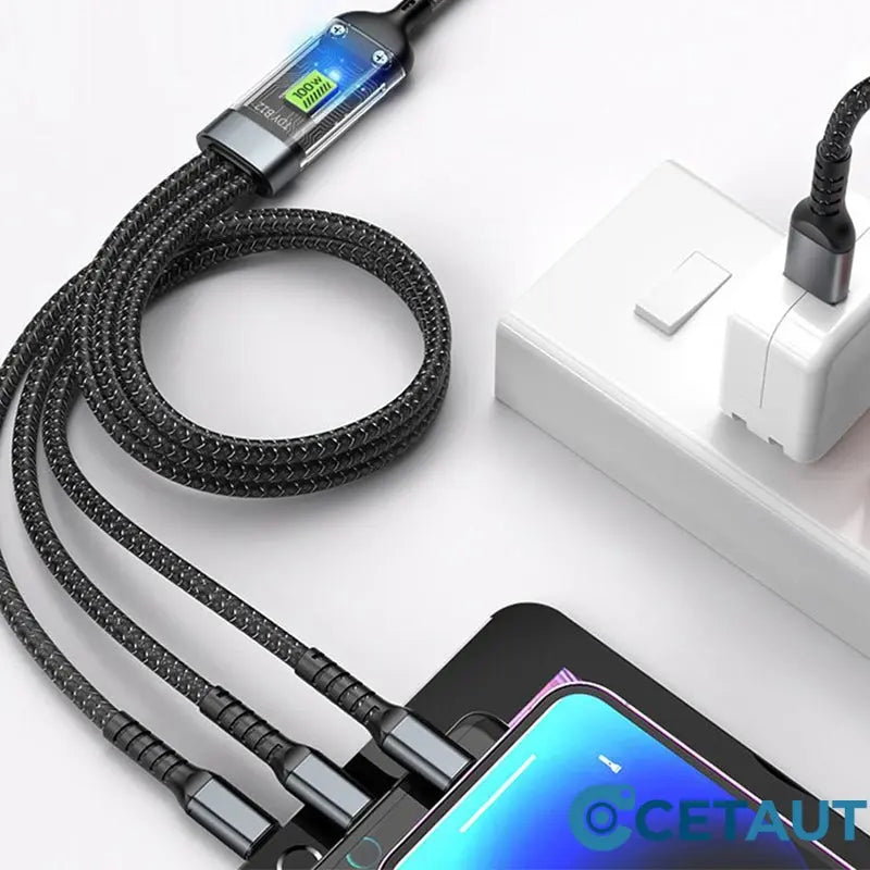 📱100W Transparentes, leuchtendes 3-in-1-Datenkabel mit superschneller Aufladung