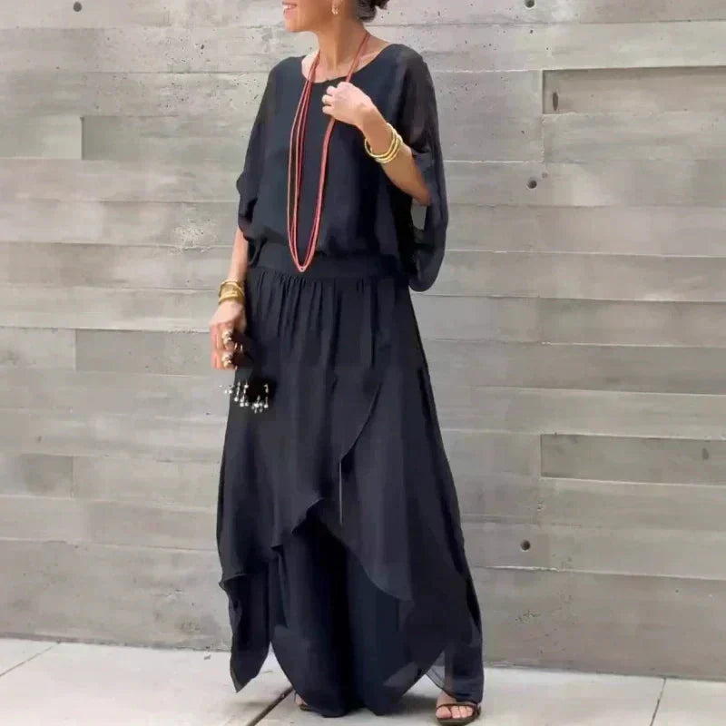 ⏳Begrenzte Zeit 50% Rabatt💥2-teiliges Set aus Chiffon mit lockerem Oberteil und weiten Schlitzhosen