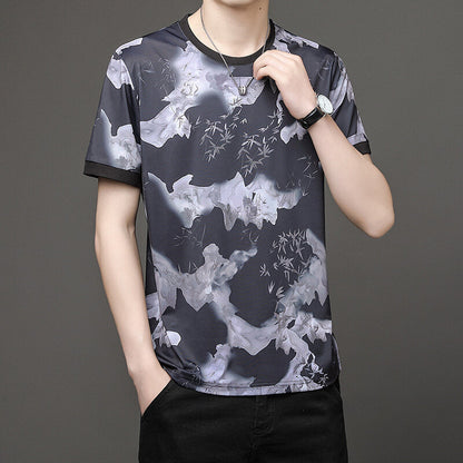 Herren Casual Bamboo Ink Style Atmungsaktives T-Shirt mit Rundhalsausschnitt