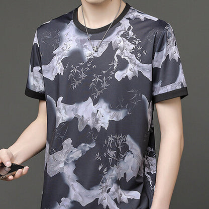 Herren Casual Bamboo Ink Style Atmungsaktives T-Shirt mit Rundhalsausschnitt