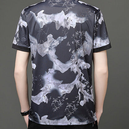 Herren Casual Bamboo Ink Style Atmungsaktives T-Shirt mit Rundhalsausschnitt