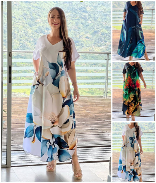 ⏳Begrenzte Zeit 50% Rabatt💥👗 Lockere, lässige Damenkleider mit V-Ausschnitt und bedruckten Kurzarm