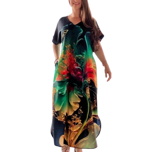 ⏳Begrenzte Zeit 50% Rabatt💥👗 Lockere, lässige Damenkleider mit V-Ausschnitt und bedruckten Kurzarm
