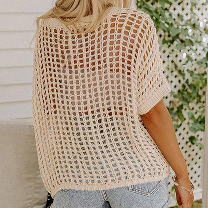 🎁2025 Neuer heißer Verkauf🌈Damen lässig Kurzarm hohl aus Pullover stricken Tops