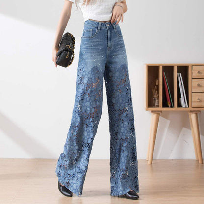 🌸 50% Rabatt auf neue Produkte 💖Damen blaue hochtaillierte Jeans mit weitem Bein, Lochmuster und Spitzeneinsätzen