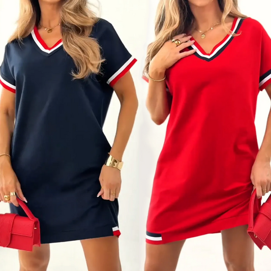 🔥👗2025 Neuer Produktrabatt💃Midikleid mit V-Ausschnitt und Farbblock-Design🌟