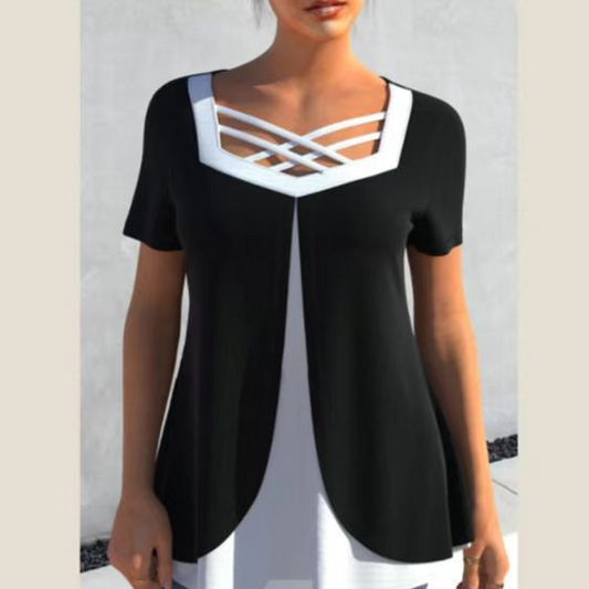 ⏳Begrenzte Zeit 50% Rabatt🔥Stylisches Kurzarm-Top mit V-Ausschnitt und Cross-Cut