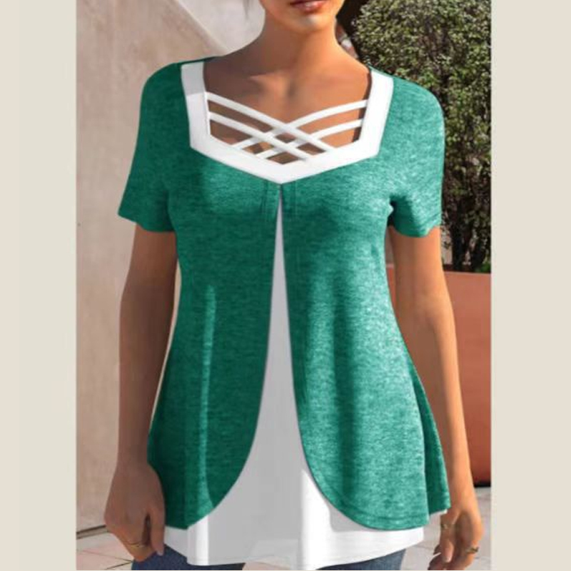 ⏳Begrenzte Zeit 50% Rabatt🔥Stylisches Kurzarm-Top mit V-Ausschnitt und Cross-Cut