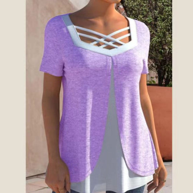 ⏳Begrenzte Zeit 50% Rabatt🔥Stylisches Kurzarm-Top mit V-Ausschnitt und Cross-Cut