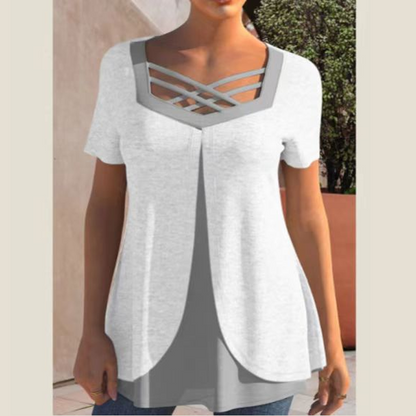⏳Begrenzte Zeit 50% Rabatt🔥Stylisches Kurzarm-Top mit V-Ausschnitt und Cross-Cut