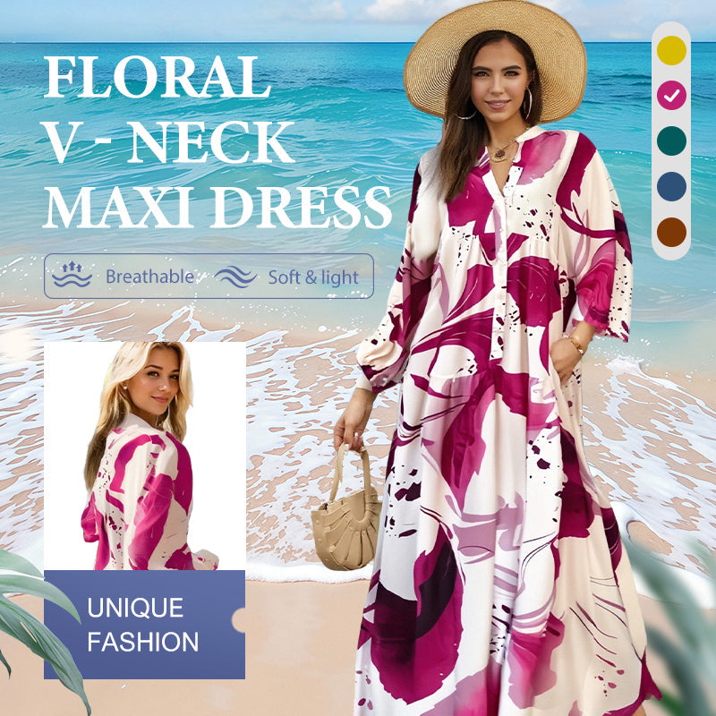 🌸💃 Maxi-Blumenkleid für Damen mit V-Ausschnitt