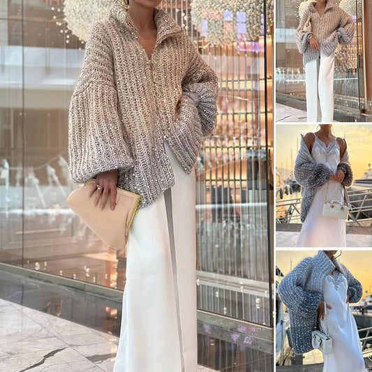 🎅Frühjahrsverkauf - 50% Rabatt🎄Gestrickte Pulloverjacke mit einfarbigen Pailletten
